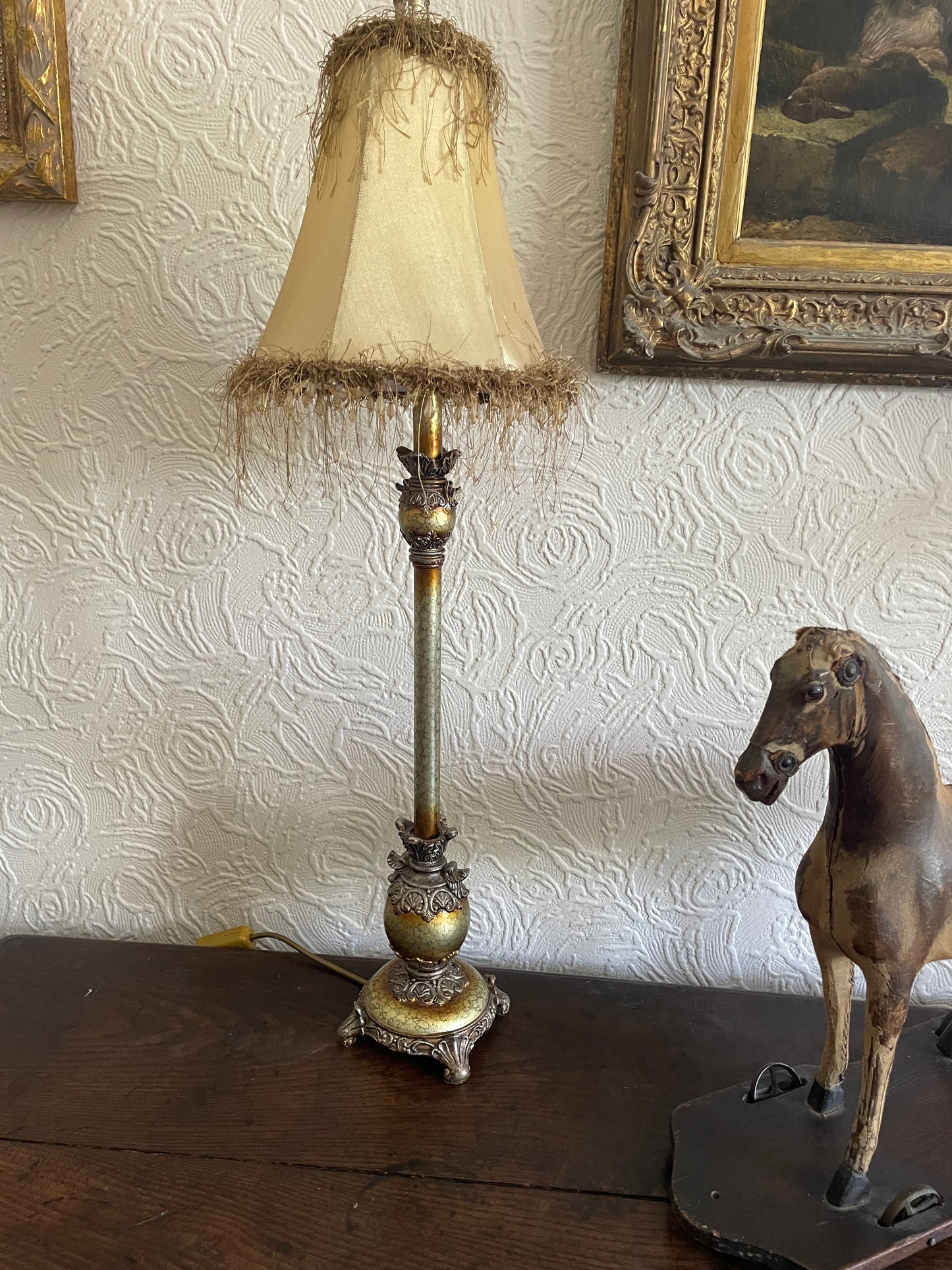 Pair of 19th Century Style Scumbled Effect Tall Table Lamps With Frilled Shades 80cm tall