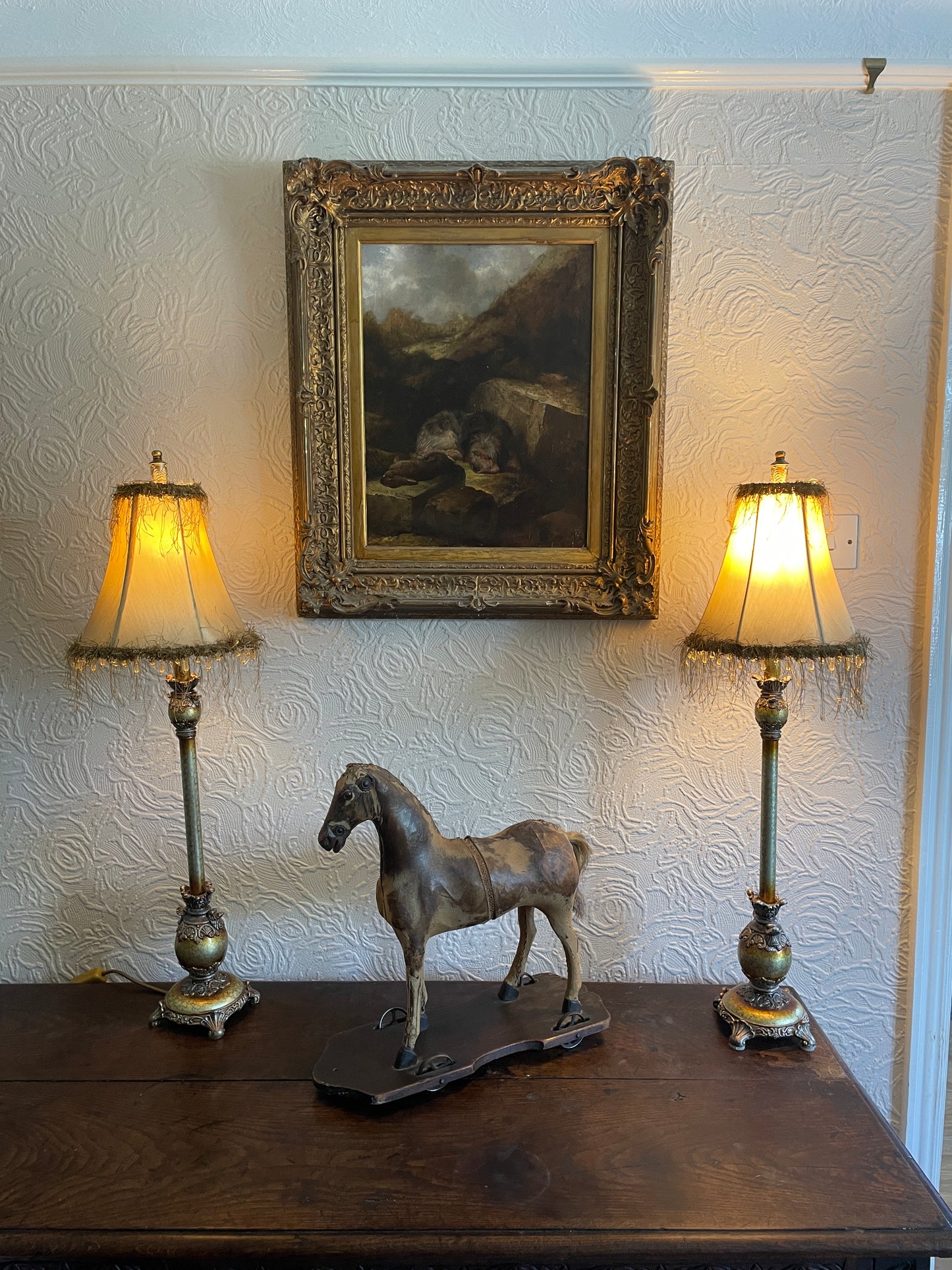 Pair of 19th Century Style Scumbled Effect Tall Table Lamps With Frilled Shades 80cm tall