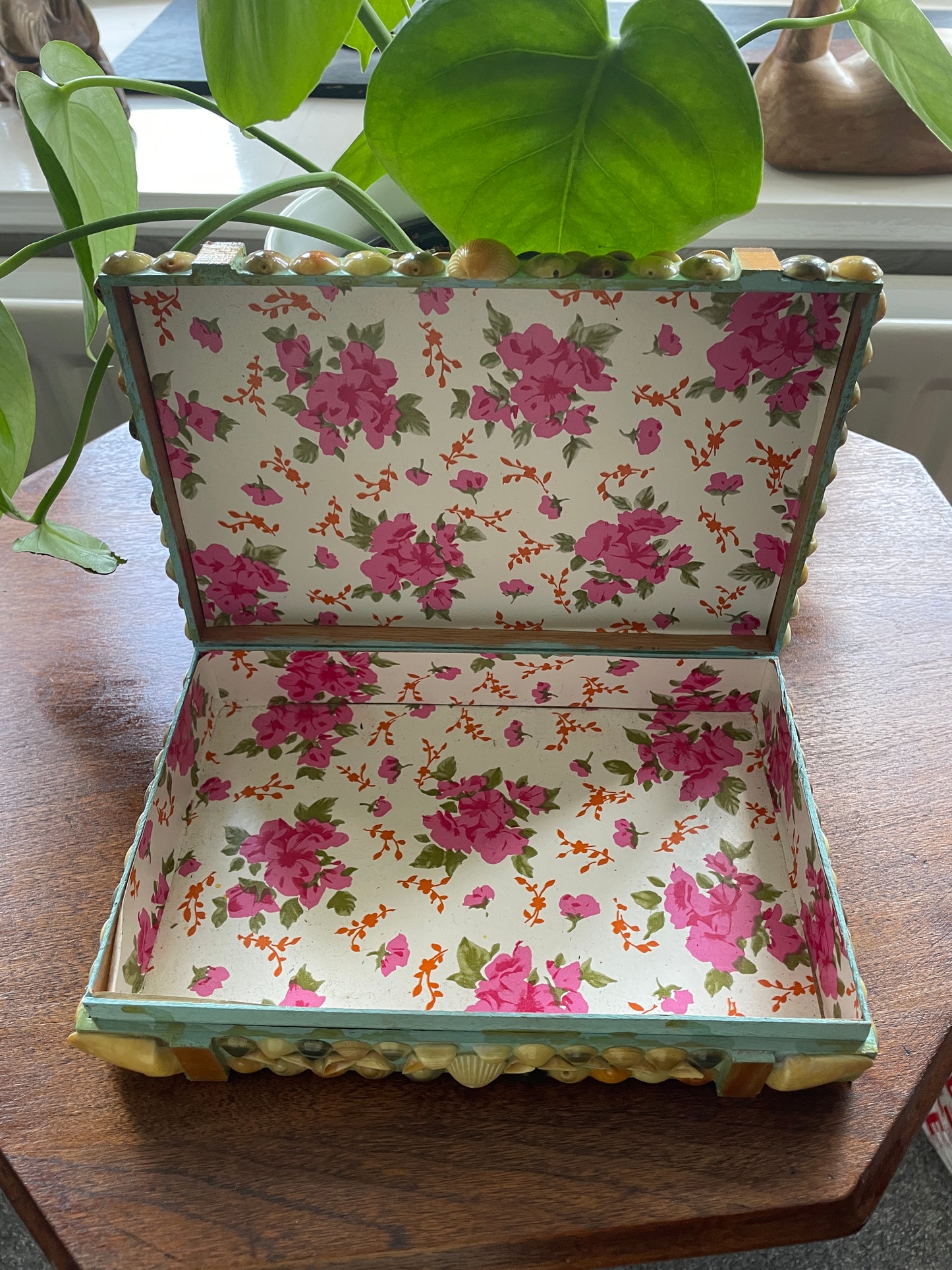 Folk Art Sea Shell Decorated Jewellery Or Trinket Box Hand crafted