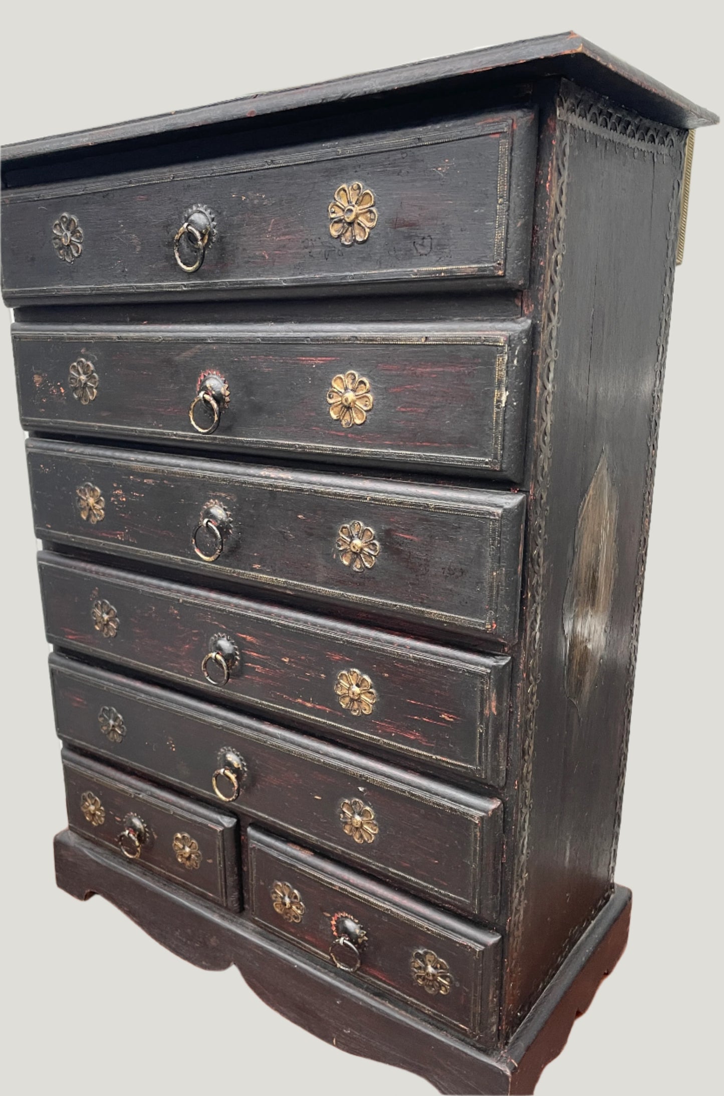 Miniature Chest Of Drawers Indian Vintage Ebonised Drawers With Brass Detailing Stunning Patina