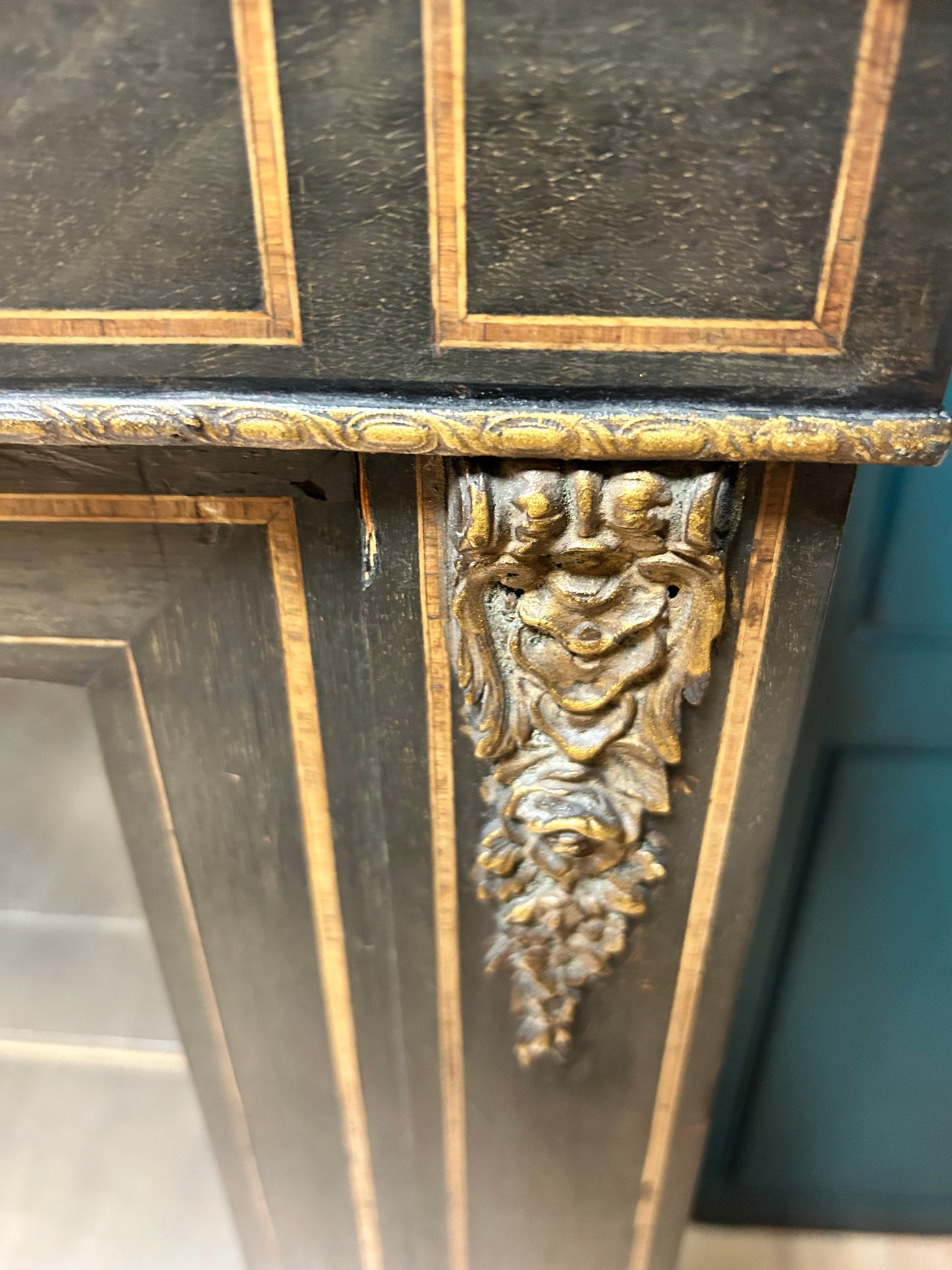 Empire Style Ebonised Glazed Display Cabinet With Ormalu Mounts and Inlaid Decoration.