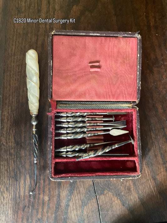 Rare c.1820 Georgian Minor Dental Surgery & Lancet Set | Mother of Pearl Handle | Morocco Leather Case | Antique Medical Instrument Collection