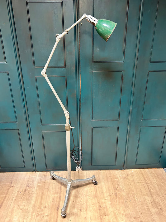 Dugdill & Sons Industrial Adjustable Work Lamp on later workshop wheeled stand Dugdills lamp