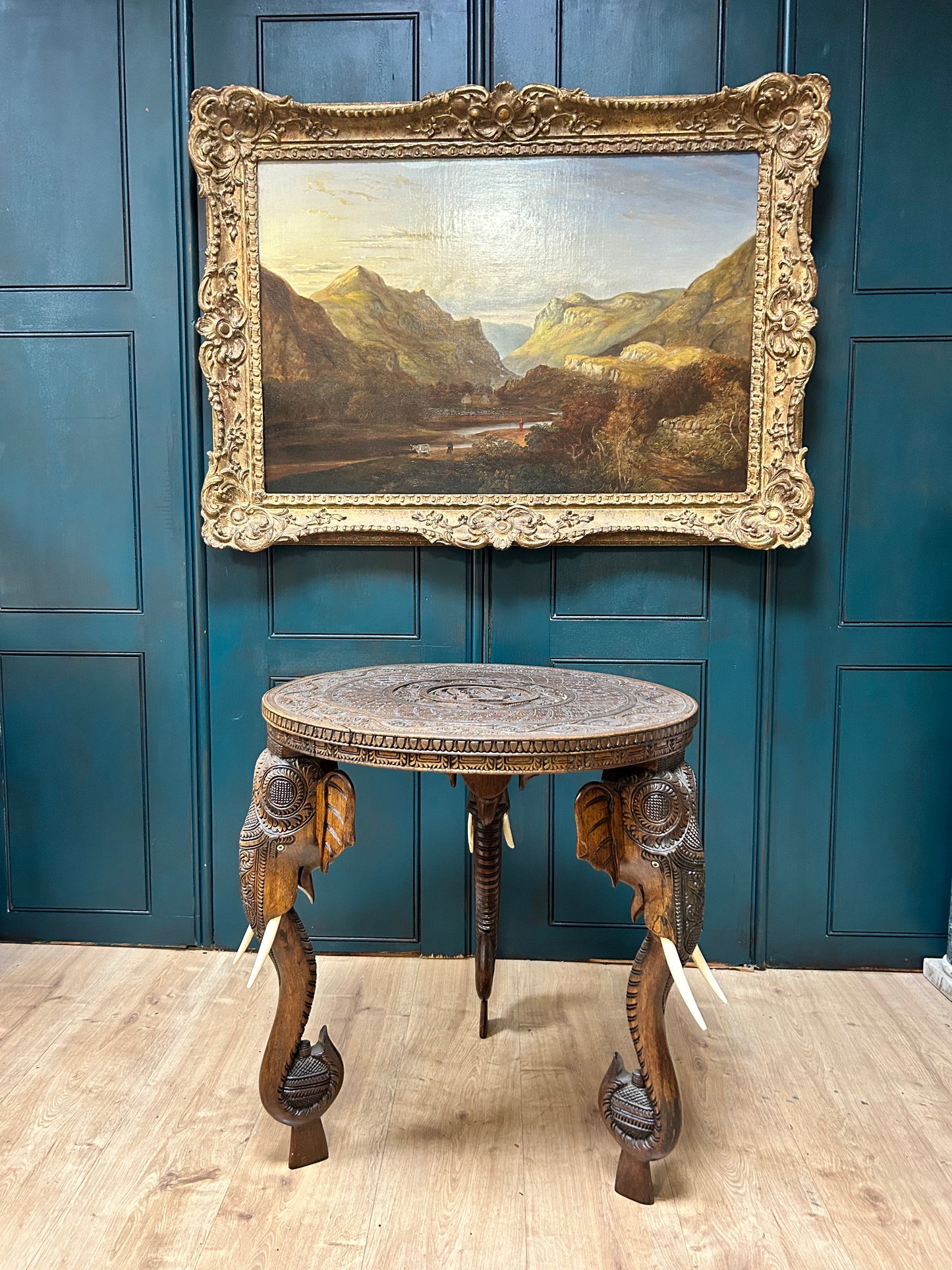 Anglo Indian Carved Circular Table With Elephant Head Legs Beautiful Colour Side Table