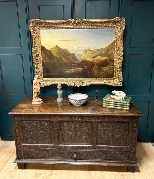 Late 17th Early 18th Century English Oak Mule Chest With Carved Detail Lift Up Lid And Single Drawer