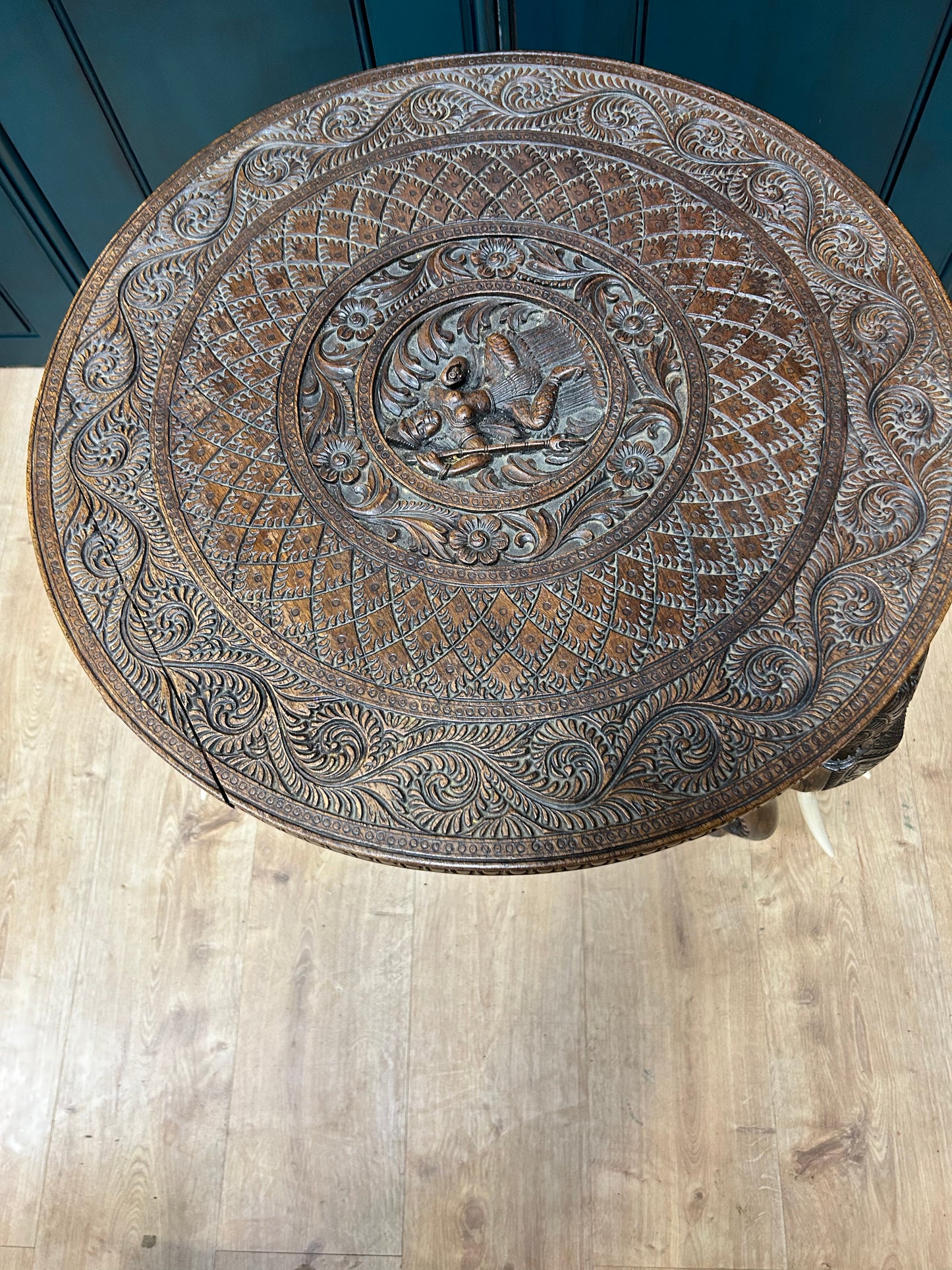 Anglo Indian Carved Circular Table With Elephant Head Legs Beautiful Colour Side Table