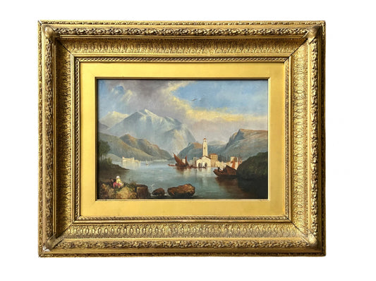 Antique Oil Painting Lake Como 19th Century Grand Tour Landscape Scene In Heavy GiltFrame
