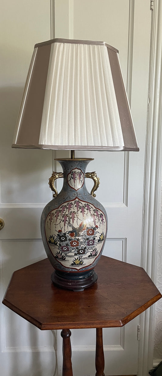 Large Vintage Chinese Hand Decorated Lamp With Dragon Head Handles and Gilding With Beautiful Shade