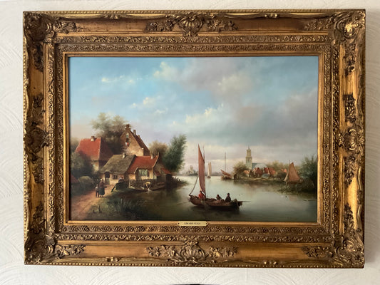 Lion Arie Feijen Signed Oil on Board – Dutch River Landscape with Sailing Boats – Framed 79 x 59 cm