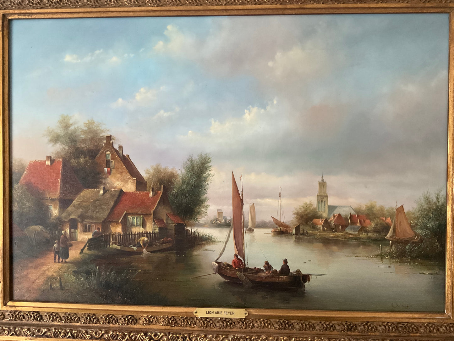 Lion Arie Feijen Signed Oil on Board – Dutch River Landscape with Sailing Boats – Framed 79 x 59 cm
