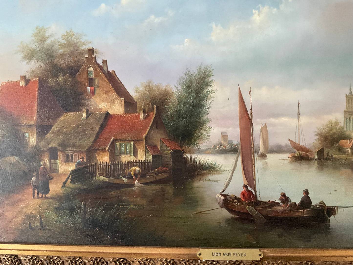 Lion Arie Feijen Signed Oil on Board – Dutch River Landscape with Sailing Boats – Framed 79 x 59 cm