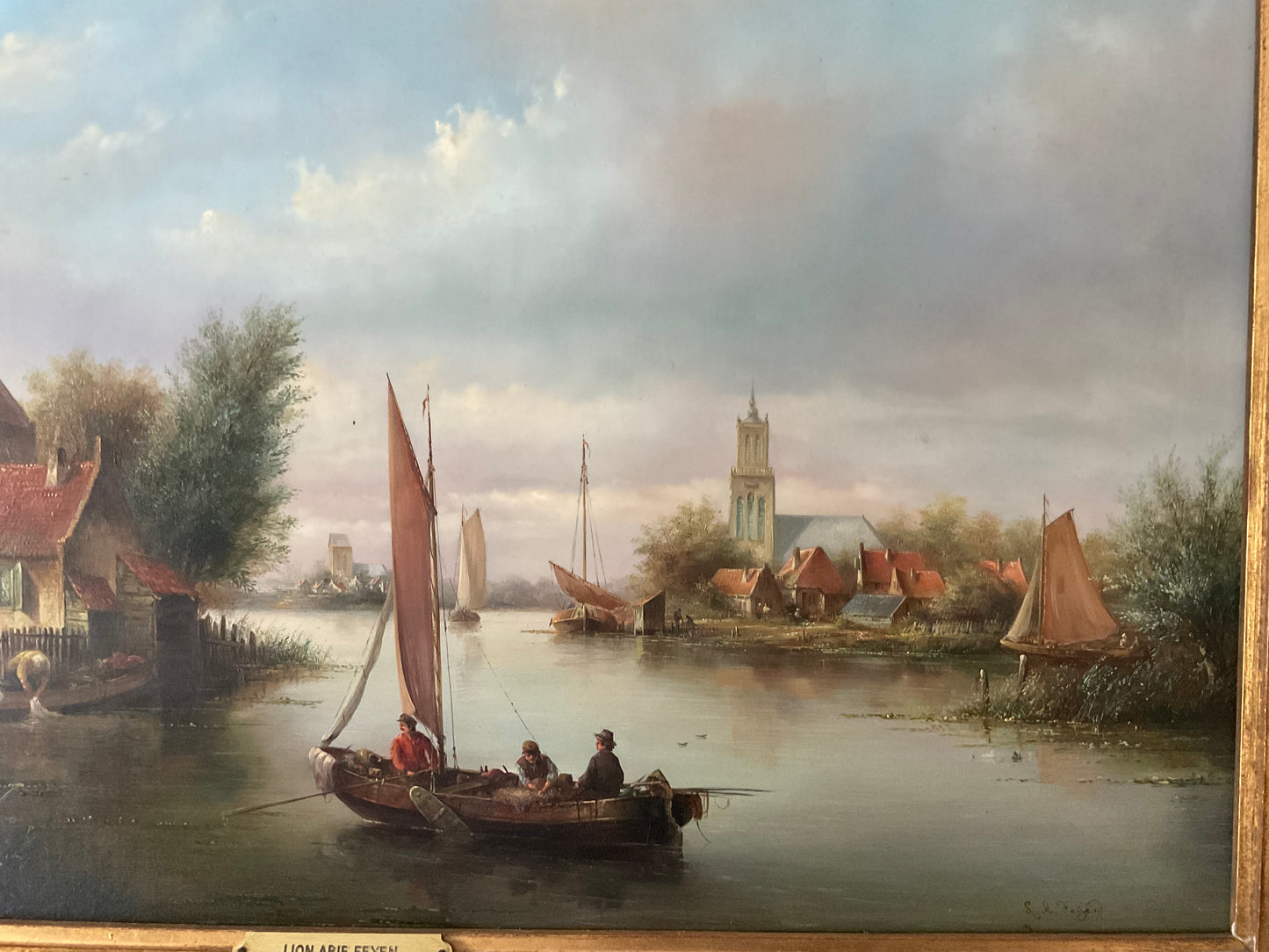 Lion Arie Feijen Signed Oil on Board – Dutch River Landscape with Sailing Boats – Framed 79 x 59 cm