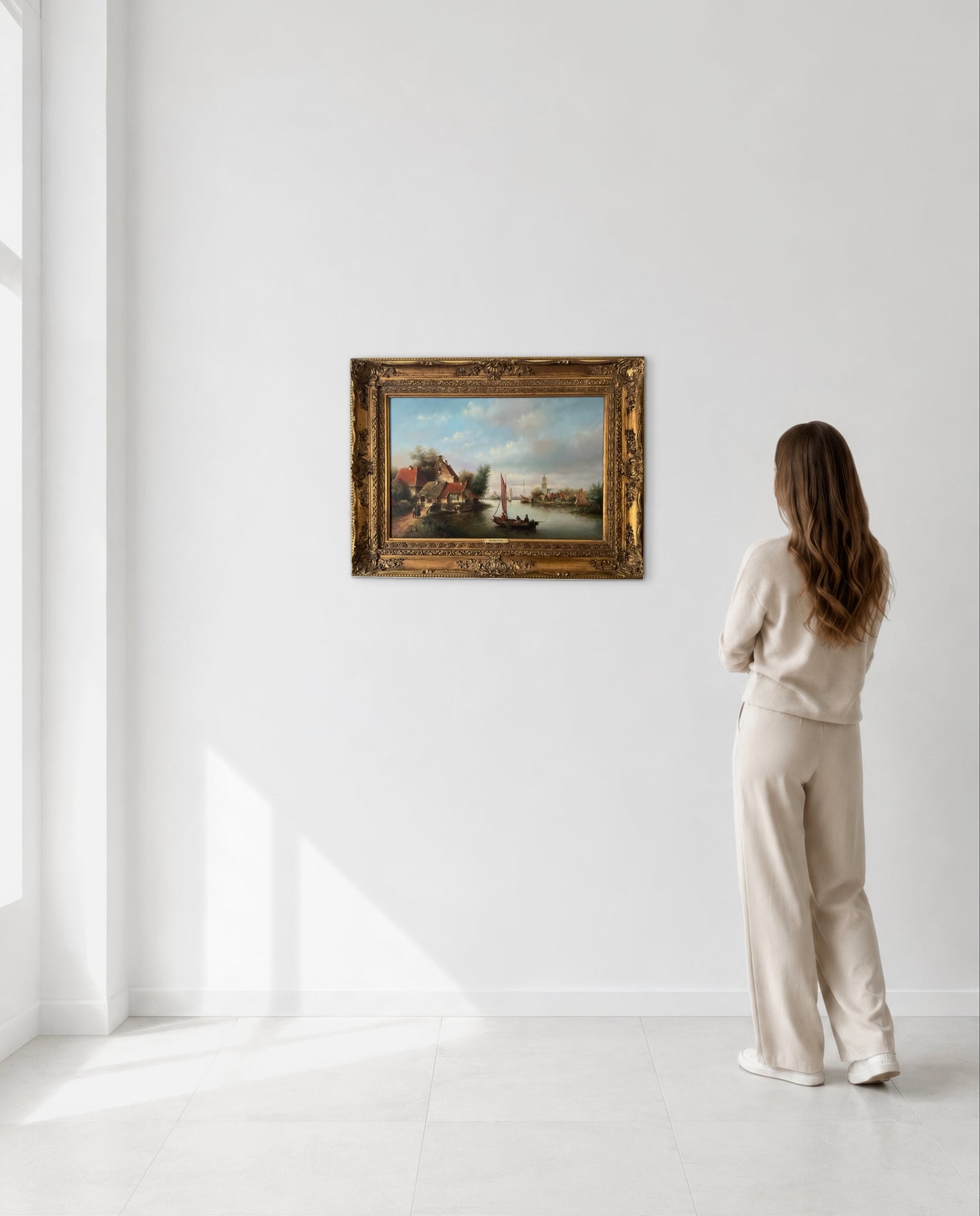 Lion Arie Feijen Signed Oil on Board – Dutch River Landscape with Sailing Boats – Framed 79 x 59 cm