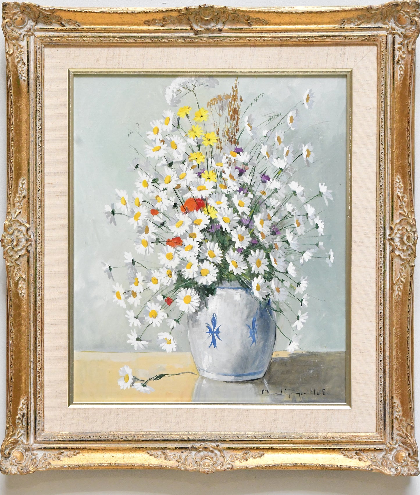 Marcel Georges Hue Original Oil Painting – Signed Floral Still Life – French Impressionist Style Oil on Canvas