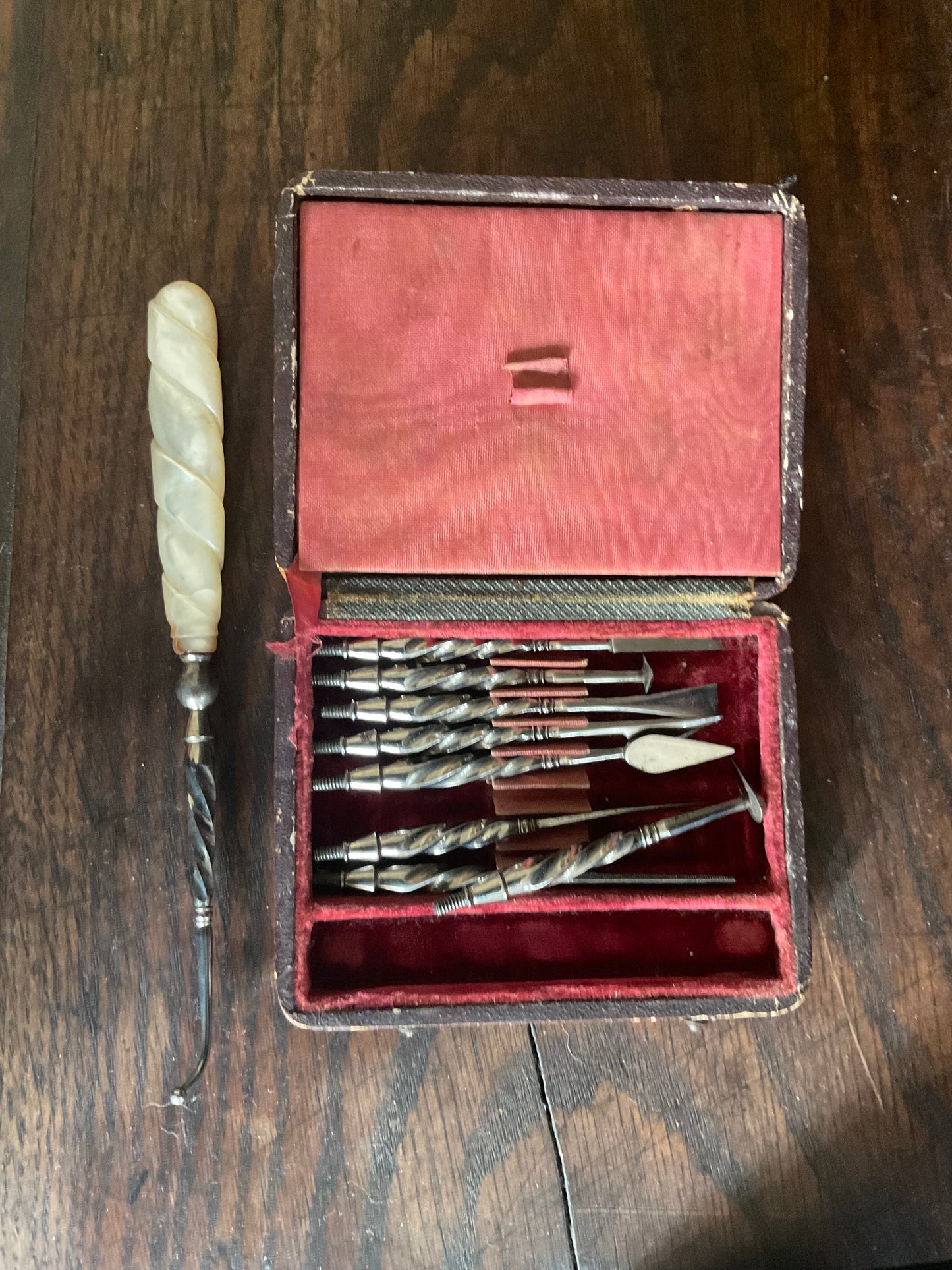 Rare c.1820 Georgian Minor Dental Surgery & Lancet Set | Mother of Pearl Handle | Morocco Leather Case | Antique Medical Instrument Collection