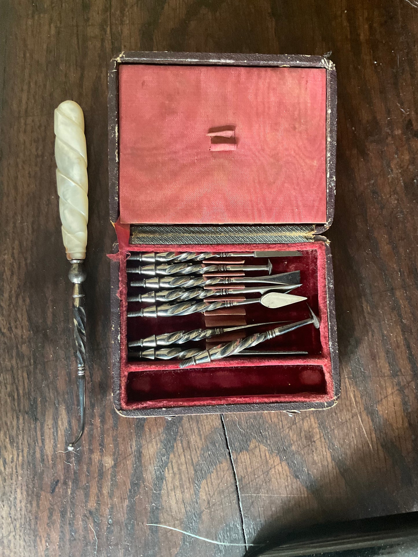 Rare c.1820 Georgian Minor Dental Surgery & Lancet Set | Mother of Pearl Handle | Morocco Leather Case | Antique Medical Instrument Collection