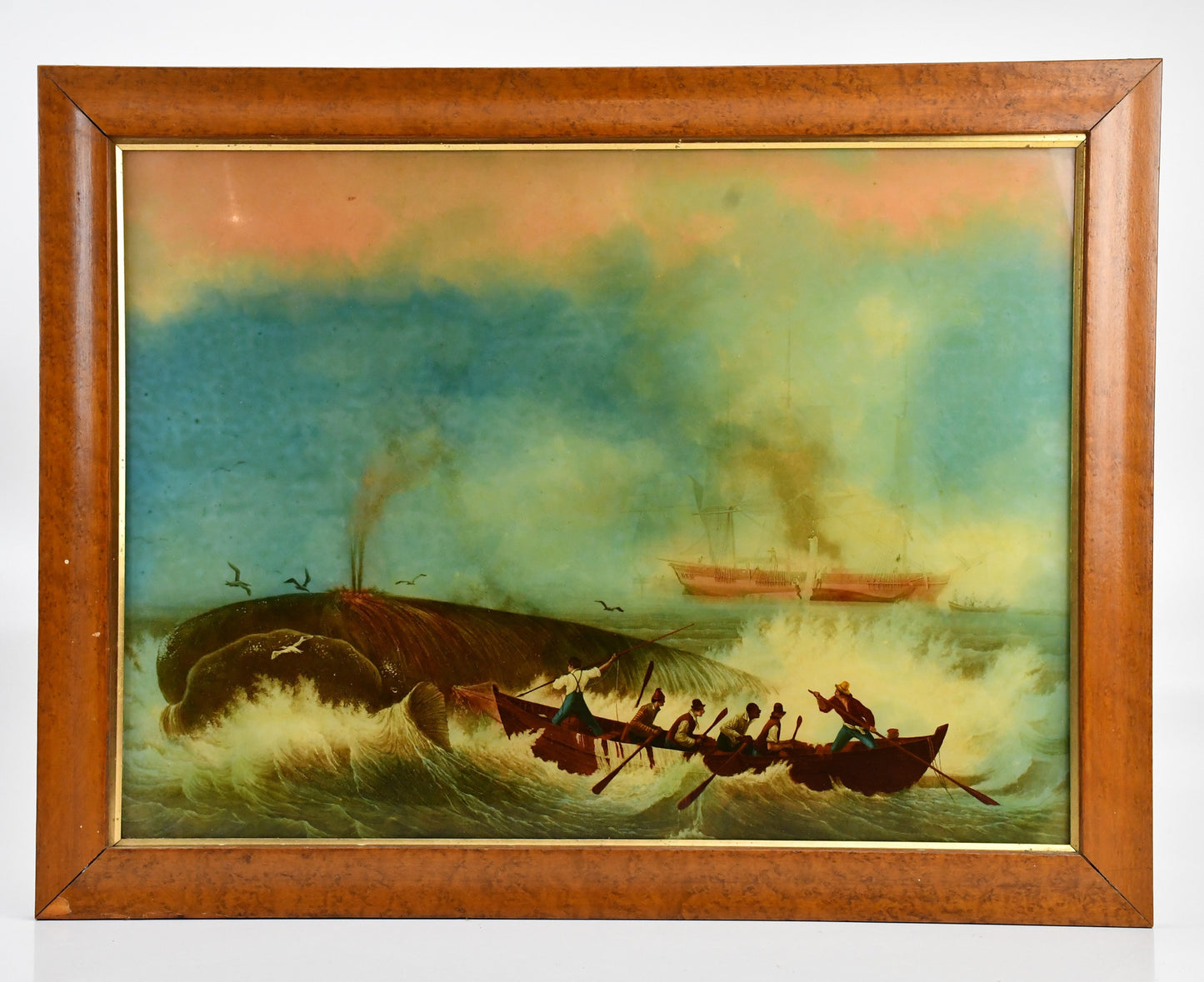 Antique Reverse Glass Painting of a Whaling Scene | After Ambroise Louis Garneray | Maritime Folk Art | c.1880–1920
