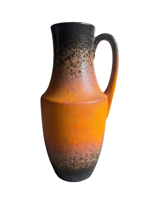 Large 1970s West German Fat Lava Floor Vase | Orange & Black Lava Glaze | Mid Century Modern Handled Vase | 36cm