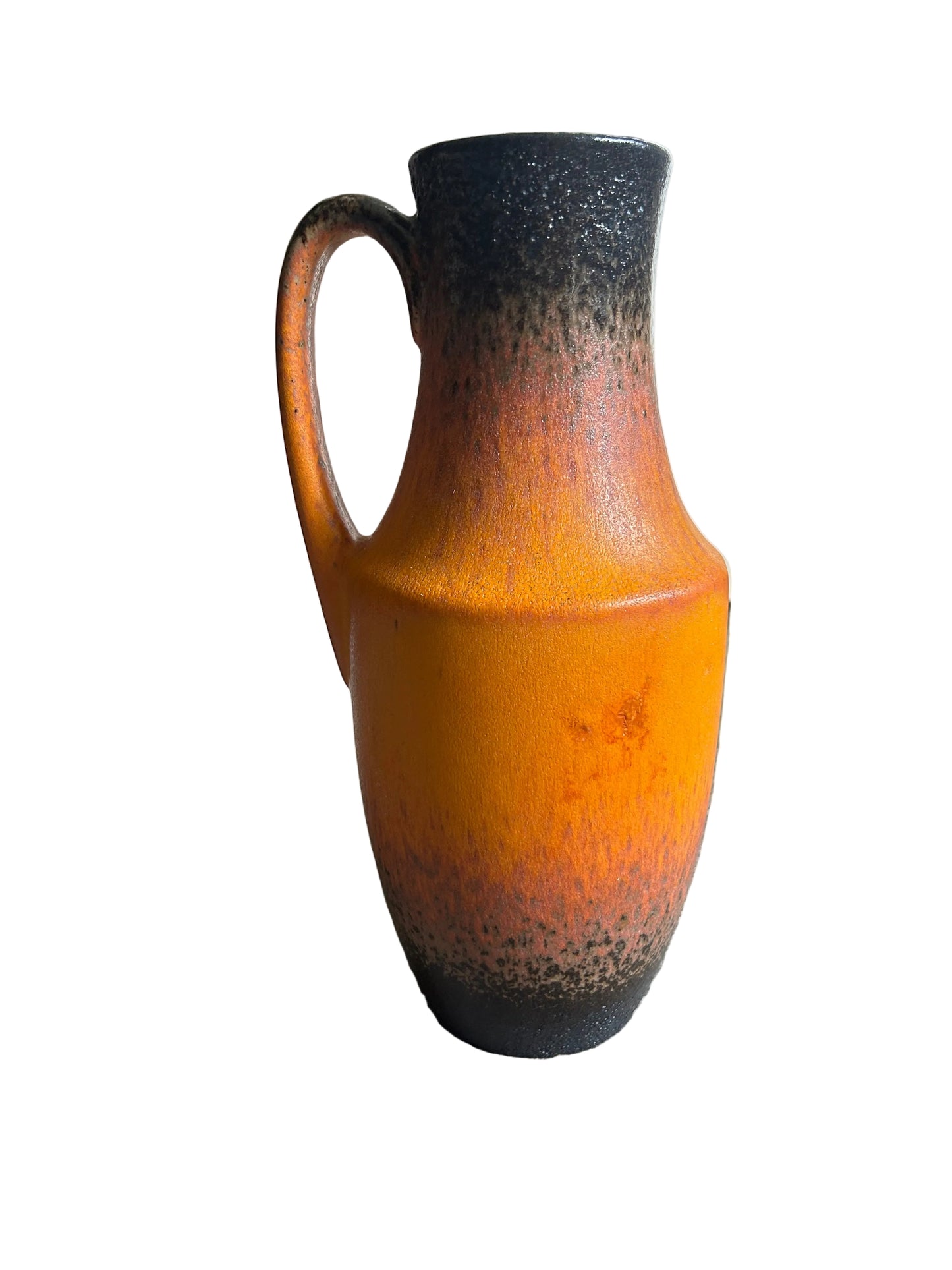 Large 1970s West German Fat Lava Floor Vase | Orange & Black Lava Glaze | Mid Century Modern Handled Vase | 36cm