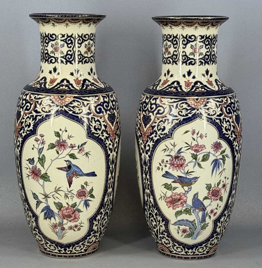 Large Pair of Vintage Panda Portugal Ceramic Vases Blue & White Chinoiserie Style Hand Decorated Portuguese Pottery 41cm Statement Vases