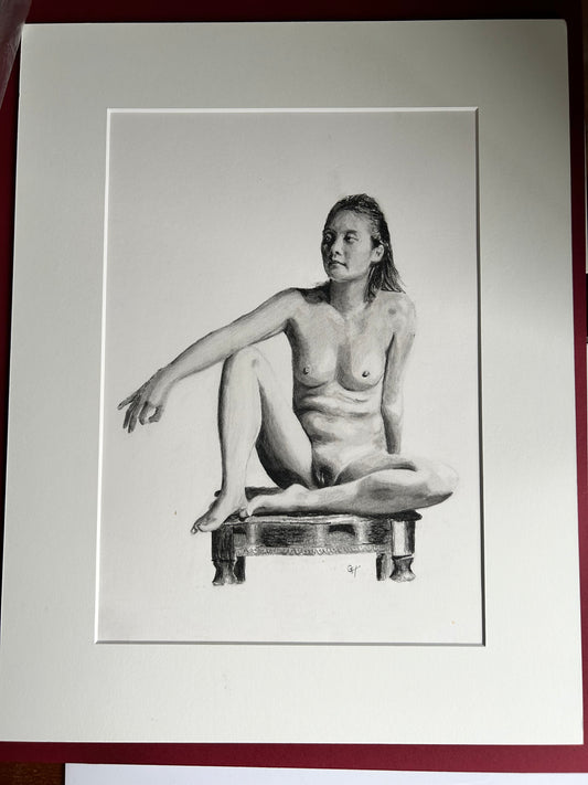 Female Nude Original Charcoal Sketch Artist Signed Pencil Crawing Mounted and Matted