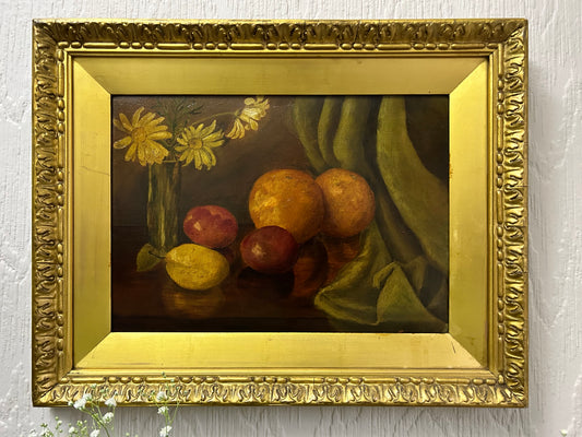 Still Life Oil Painting On Canvas Of Fruit and Flowers Late 19th Early 20th Century