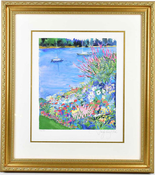 Limited Edition Fine Art Print River Scene Woth Boats and Flowers Framed