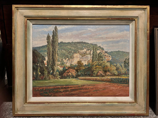 Denise Bates 1928-2001 Les Lyzies Oil On Board Landscape Painting In The Impressionist Manner