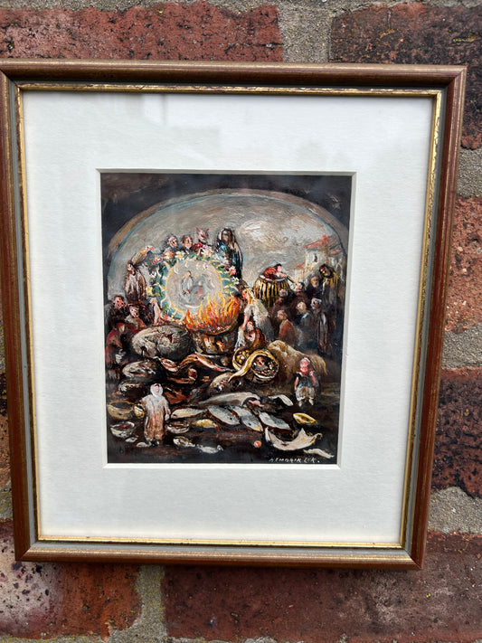 Hendrik Lek Belgian 1903-1985 Original Painting Of A Surreal Group Of Figures Around a Fire