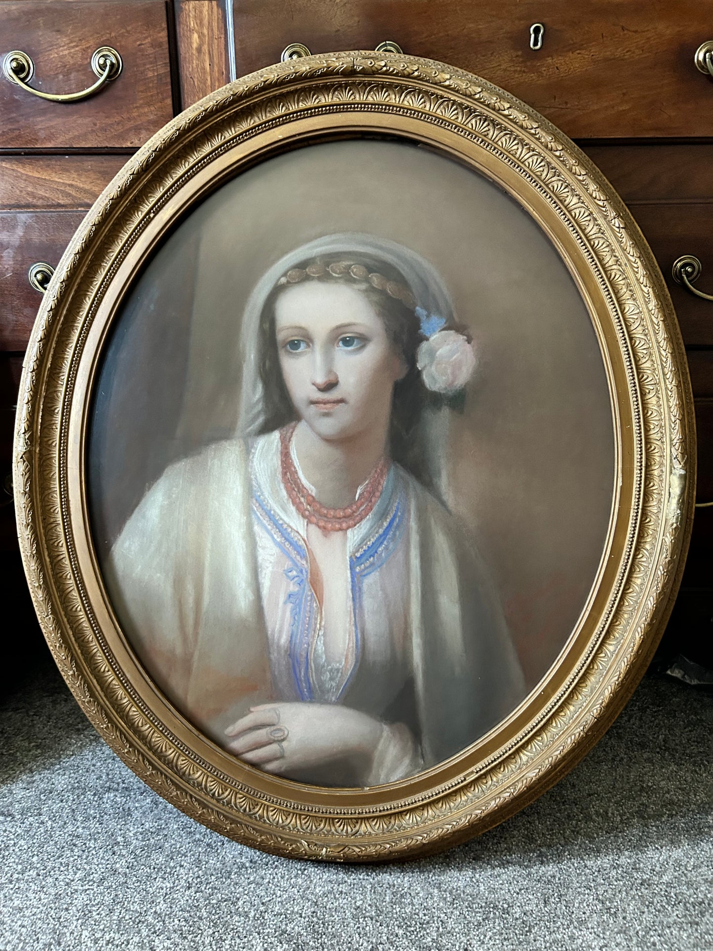 Antique portrait painting in pastels. Beautiful young woman in eastern clothing. C1840 oval portrait framed