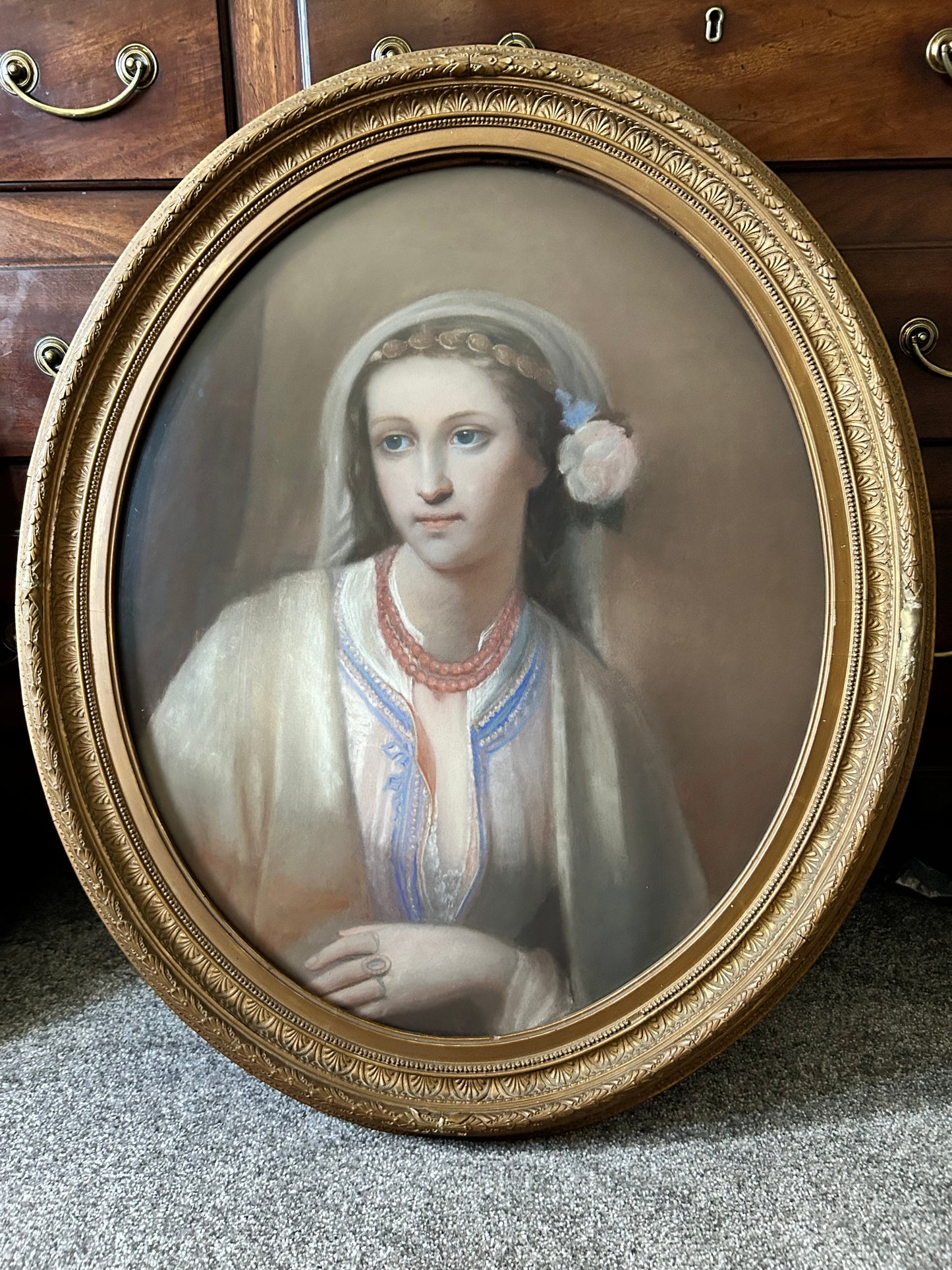 Antique portrait painting in pastels. Beautiful young woman in eastern clothing. C1840 oval portrait framed