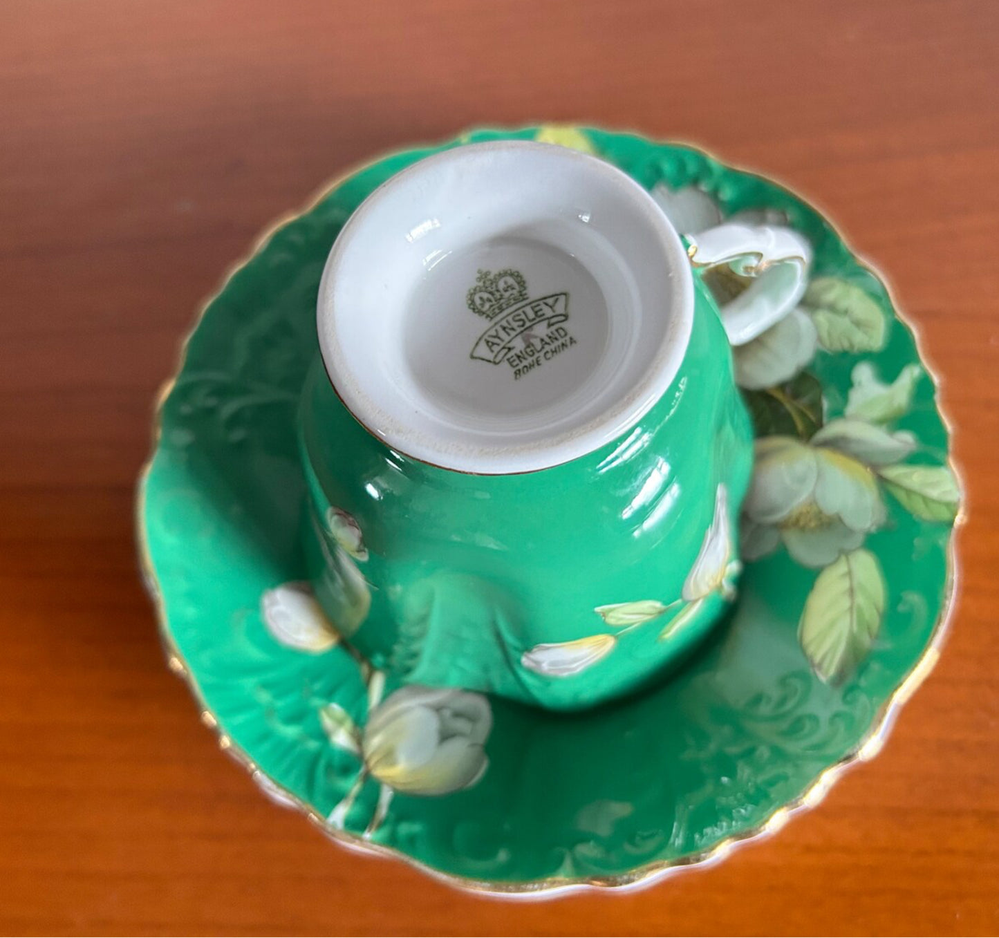 Aynsley Fine China Dogwood Tea Cup and Saucer In Stunning Green Pattern Rare British 1930’s Art Deco Teacup and saucer