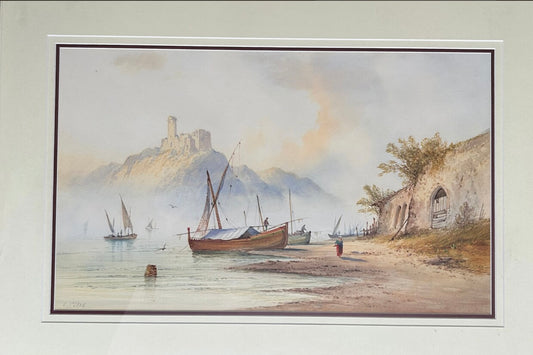 Edwin St John 1878-1961 Watercolour Painting Of a Continental Beach Scene With Fishing Boats Naples