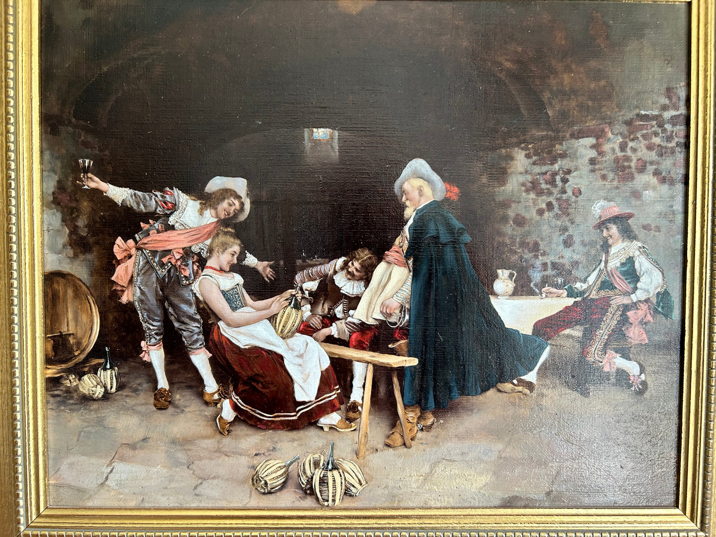 Oil Painting On Board Tavern Scene in 18th Century Manner Stunning Old Master Style Painting In Gilt Frame