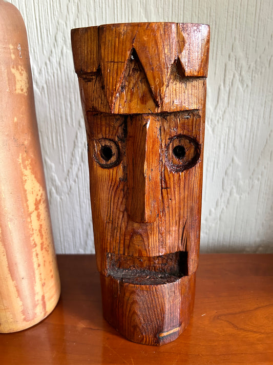 Folk art sculpture carving in wood of a man’s head. Hand carved unusual oddity