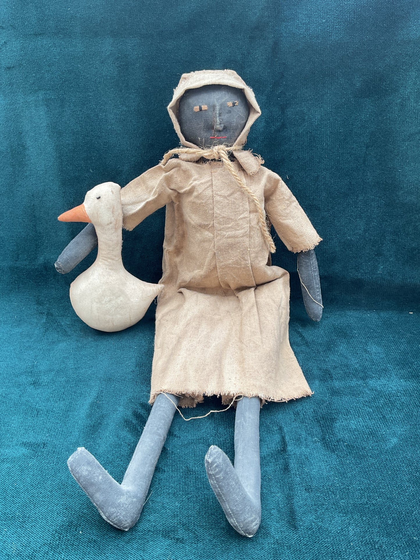 Antique American Folk Art Rag Doll with Goose | Primitive Americana Cloth Toy
