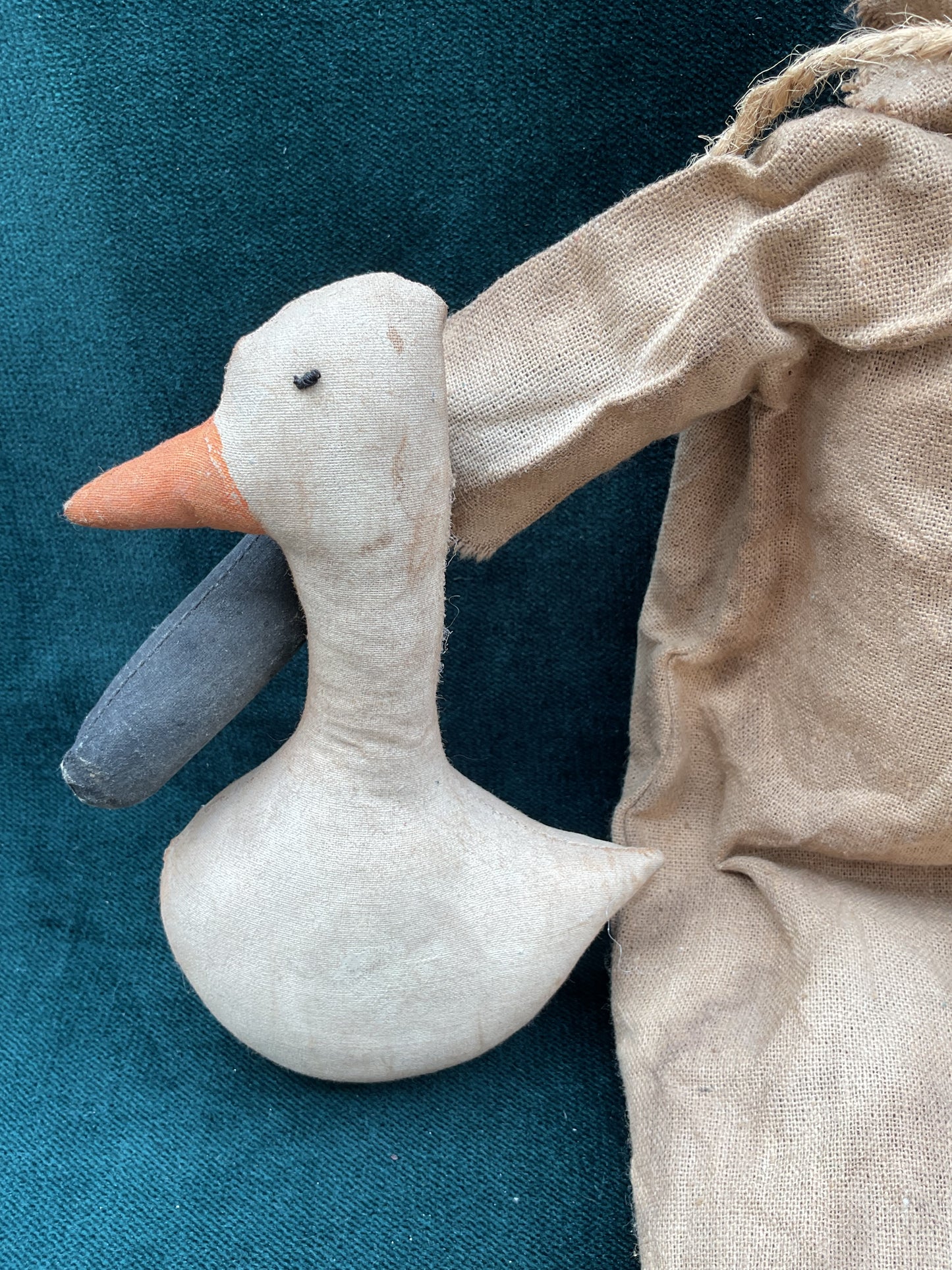 Antique American Folk Art Rag Doll with Goose | Primitive Americana Cloth Toy