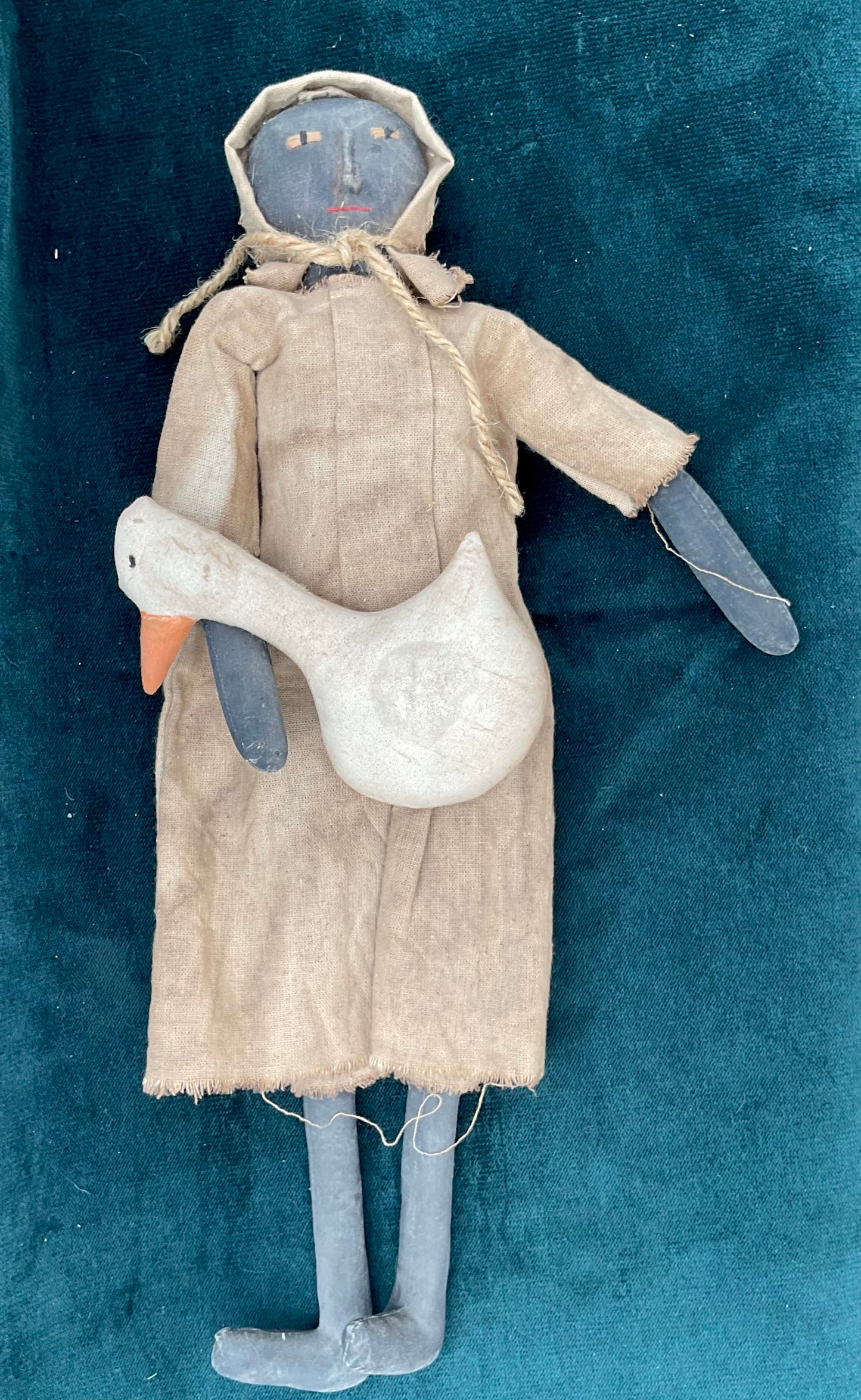 Antique American Folk Art Rag Doll with Goose | Primitive Americana Cloth Toy