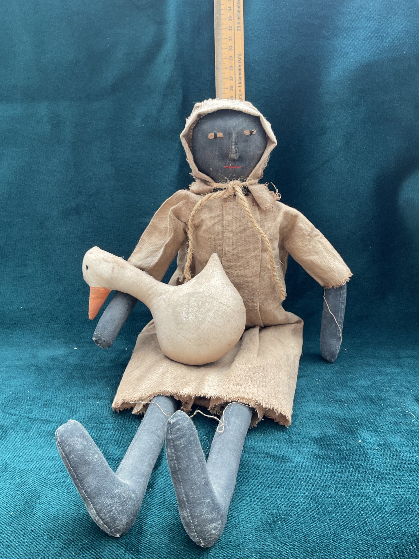 Antique American Folk Art Rag Doll with Goose | Primitive Americana Cloth Toy