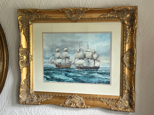 Maritime Ship Painting After Joseph Parry A Liverpool Privateer Returning With A Prize. Watercolour Painting in Gilt Frame