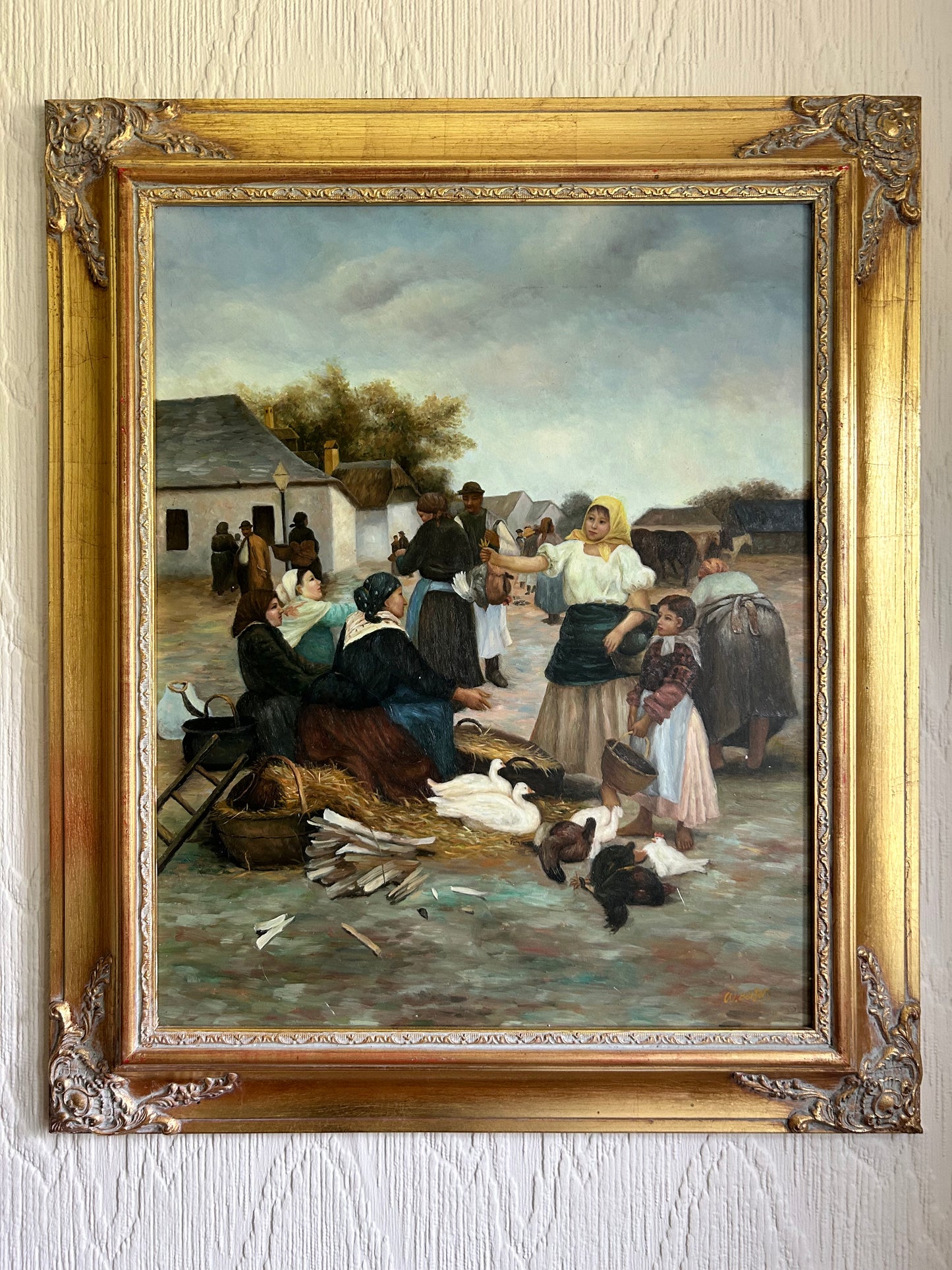 Oil Painting On Board The Poultry Market Superb Vintage Fine Art Painting In Gilt Frame.