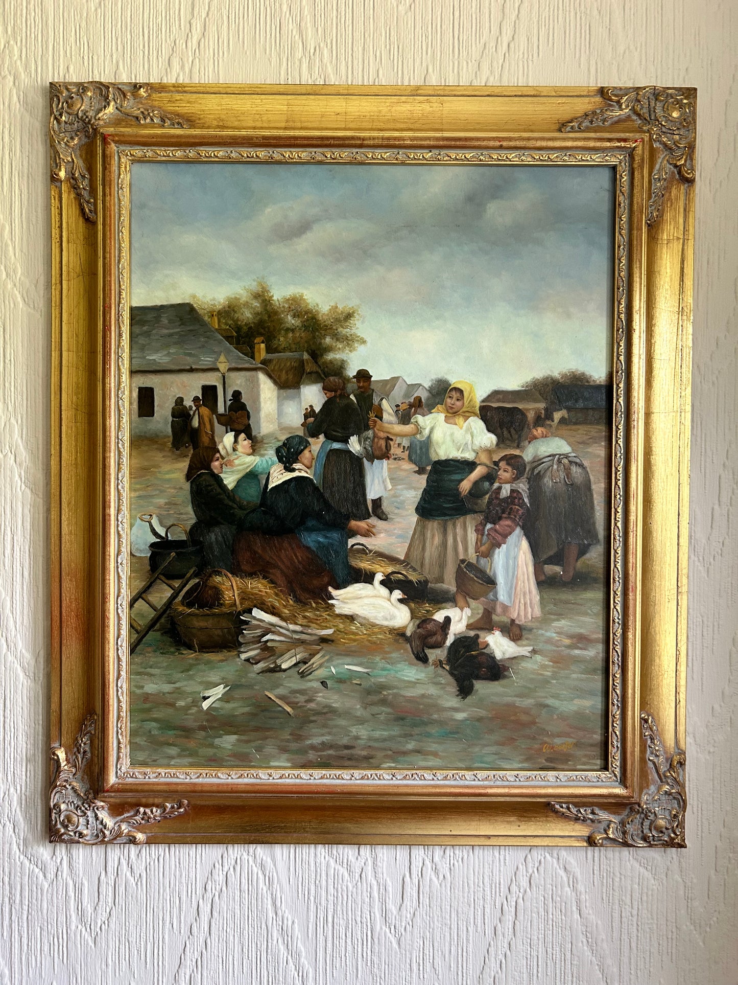 Oil Painting On Board The Poultry Market Superb Vintage Fine Art Painting In Gilt Frame.