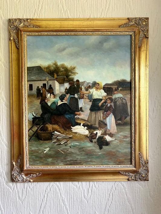 Oil Painting On Board The Poultry Market Superb Vintage Fine Art Painting In Gilt Frame.