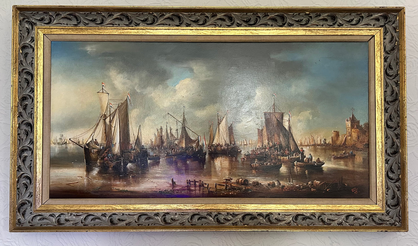 Norman Henry French (RIMA) Oil On Canvas Painting, Ships Off The Coast Of St. Malo. Large Framed Fine Art Painting