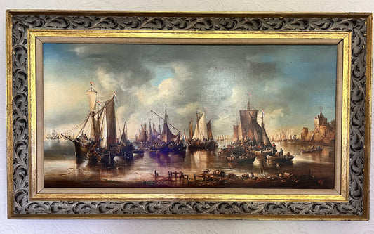 Norman Henry French (RIMA) Oil On Canvas Painting, Ships Off The Coast Of St. Malo. Large Framed Fine Art Painting