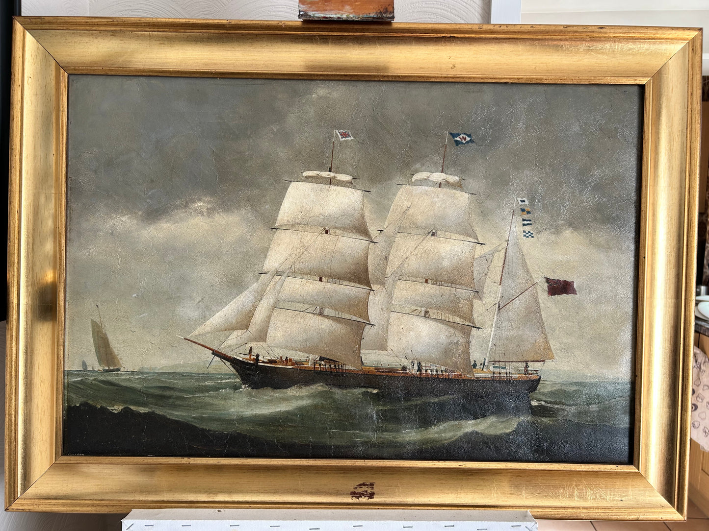 Maritime Oil Painting 19th Century British Portrait Of The Barque Beltiste On a Choppy Sea in Full Sail