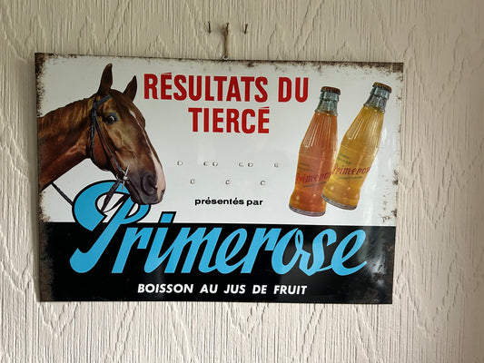 Vintage French Enamel Sign Primerose Boisson Au Jus De Fruit From a Horse Racing Event