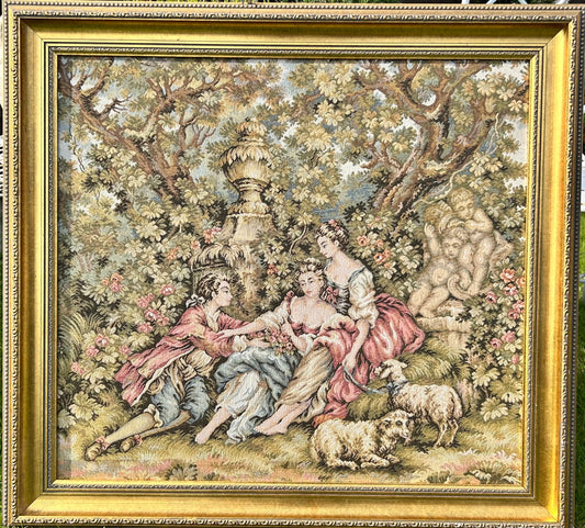 French Woven Jacquard Tapestry Romantic Garden Scene Framed 27x25 inches
