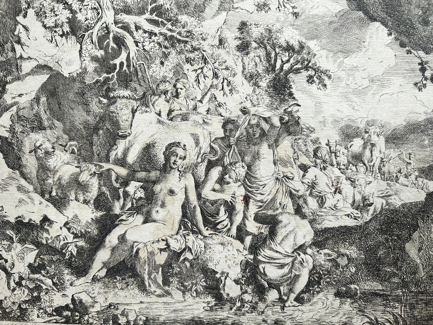 Nymphs Bathing in a Cave — Etching by Christian Wilhelm Ernst Dietrich (18th Century)