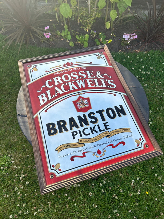 Branston Pickle Vintage Advertising Mirror, Reverse Painted Early 20th Century Shop Display wall Mirror Crosse and Blackwell’s